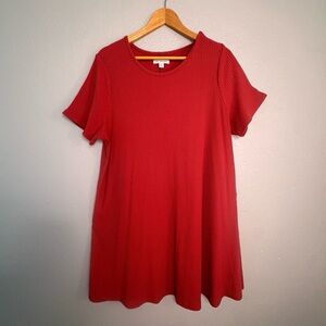 Red Ribbed Short-Sleeve Swing dress